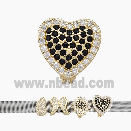 Copper Watchband Beads Pave Zirconia Heart Flat Hole Gold Plated