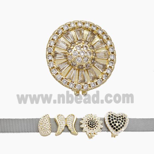 Copper Watchband Beads Pave Zirconia Flower Flat Hole Gold Plated