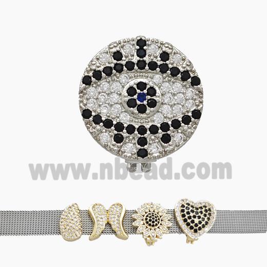 Copper Watchband Beads Pave Zirconia Eye Flat Hole Platinum Plated