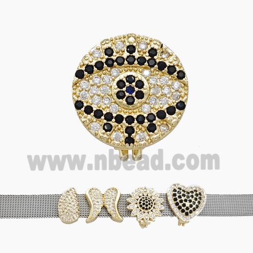 Copper Watchband Beads Pave Zirconia Eye Flat Hole Gold Plated