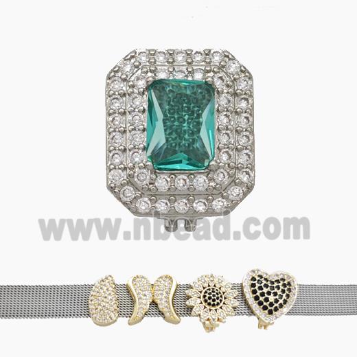 Copper Watchband Beads Pave Zirconia Rectangle Flat Hole Platinum Plated