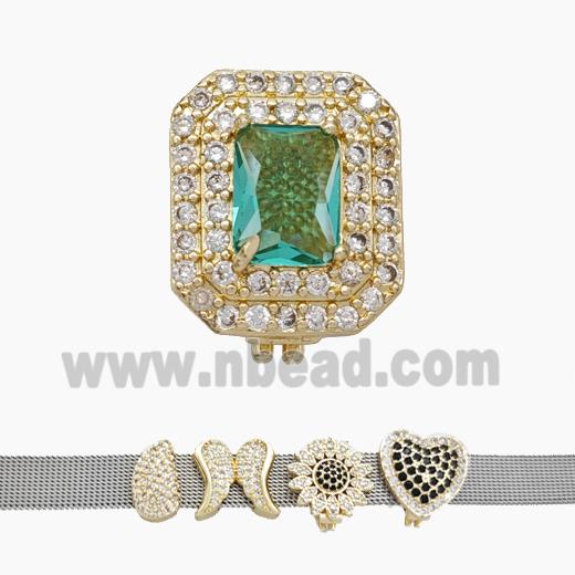 Copper Watchband Beads Pave Zirconia Rectangle Flat Hole Gold Plated