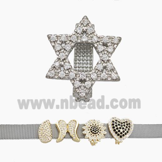 Copper Watchband Beads Pave Zirconia David Star Flat Hole Platinum Plated