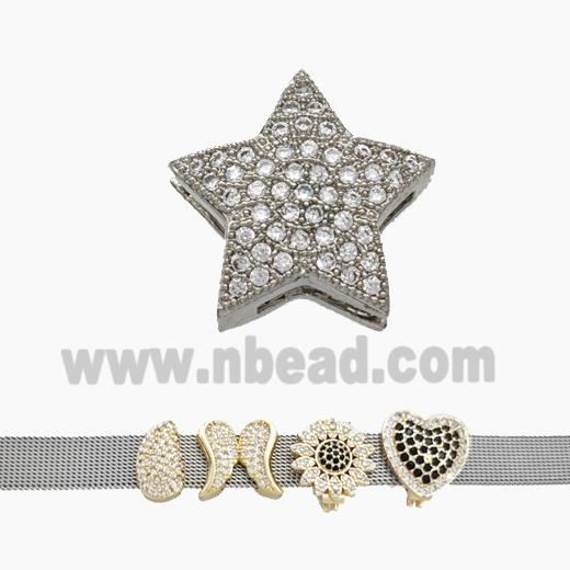 Copper Watchband Beads Pave Zirconia Star Flat Hole Platinum Plated