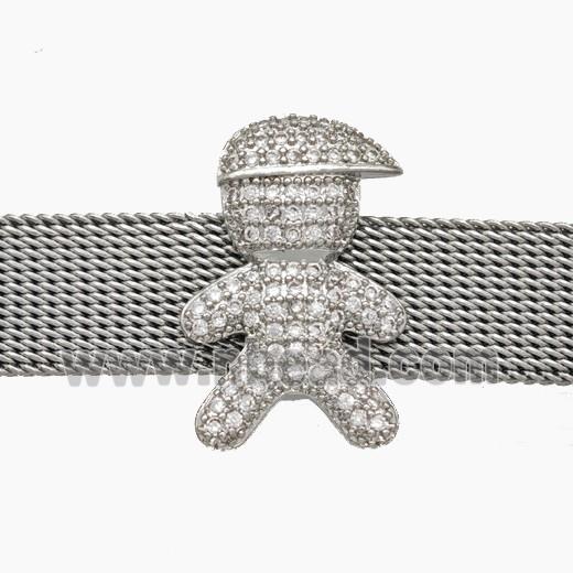 Copper Watchband Beads Pave Zirconia Kids Boy Flat Hole Platinum Plated