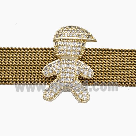 Copper Watchband Beads Pave Zirconia Kids Boy Flat Hole Gold Plated