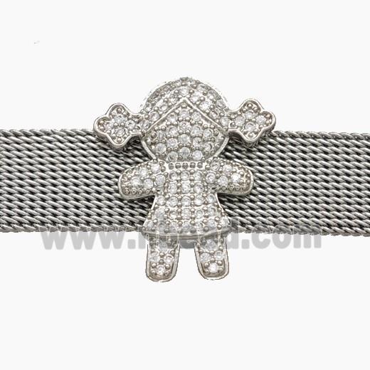 Copper Watchband Beads Pave Zirconia Kids Girls Flat Hole Platinum Plated