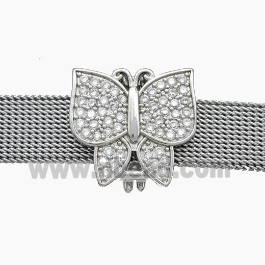 Copper Watchband Beads Pave Zirconia Butterfly Flat Hole Platinum Plated