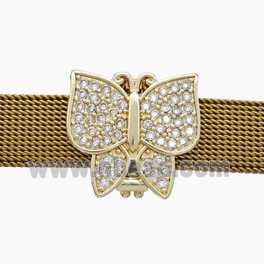 Copper Watchband Beads Pave Zirconia Butterfly Flat Hole Gold Plated