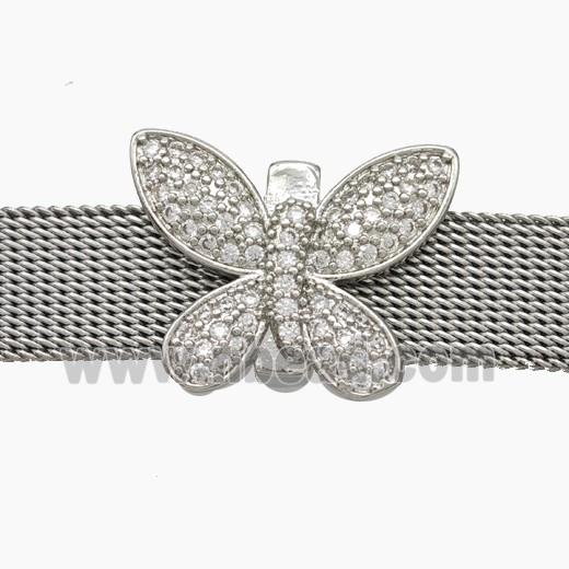 Copper Watchband Beads Pave Zirconia Butterfly Flat Hole Platinum Plated