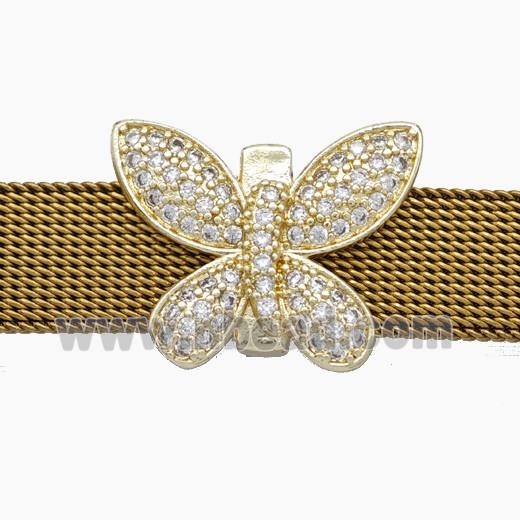 Copper Watchband Beads Pave Zirconia Butterfly Flat Hole Gold Plated