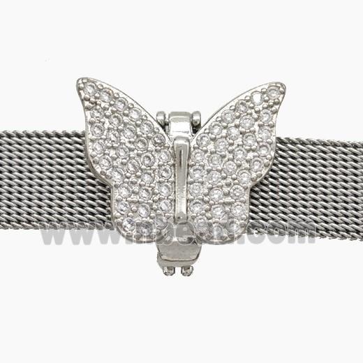 Copper Watchband Beads Pave Zirconia Butterfly Flat Hole Platinum Plated