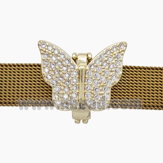 Copper Watchband Beads Pave Zirconia Butterfly Flat Hole Gold Plated