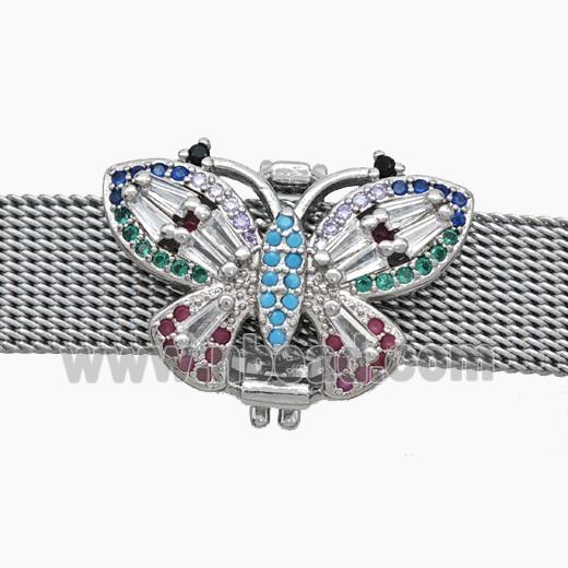 Copper Watchband Beads Pave Zirconia Butterfly Flat Hole Platinum Plated