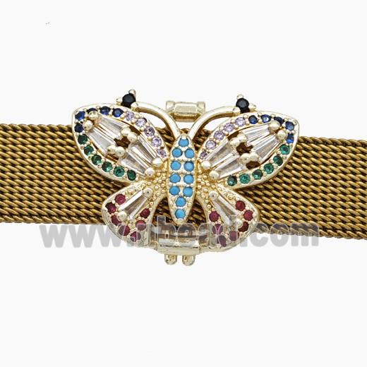 Copper Watchband Beads Pave Zirconia Butterfly Flat Hole Gold Plated