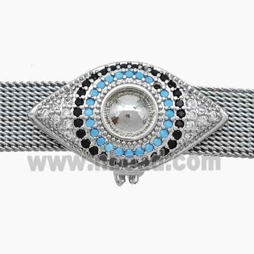 Copper Watchband Beads Pave Zirconia Eye Flat Hole Platinum Plated