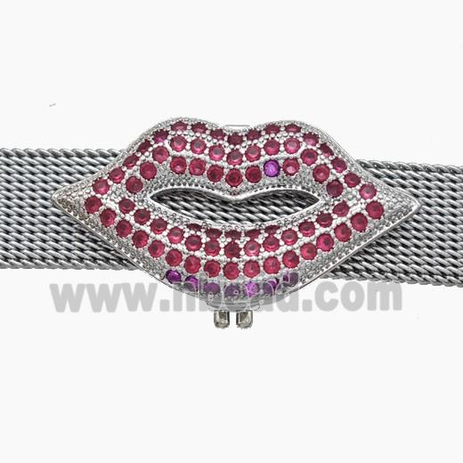 Copper Watchband Beads Pave Zirconia Lips Flat Hole Platinum Plated