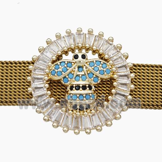 Copper Watchband Beads Pave Zirconia Honeybee Flat Hole Gold Plated