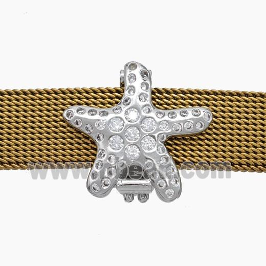 Copper Watchband Beads Pave Zirconia Starfish Flat Hole Platinum Plated