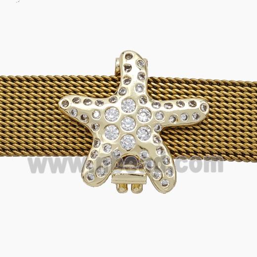 Copper Watchband Beads Pave Zirconia Starfish Flat Hole Gold Plated