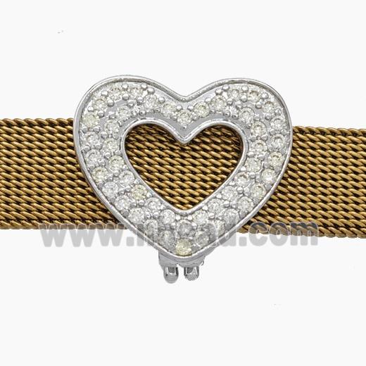 Copper Watchband Beads Pave Zirconia Heart Flat Hole Platinum Plated