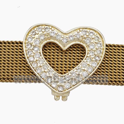 Copper Watchband Beads Pave Zirconia Heart Flat Hole Gold Plated