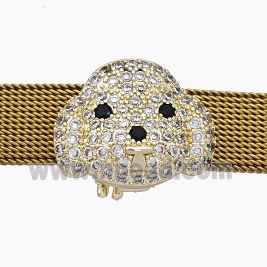 Copper Watchband Beads Pave Zirconia Dog-Head Flat Hole Gold Plated