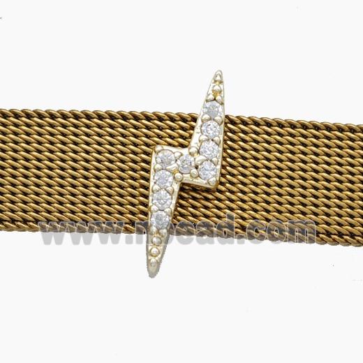 Copper Watchband Beads Pave Zirconia Lightning Flat Hole Gold Plated