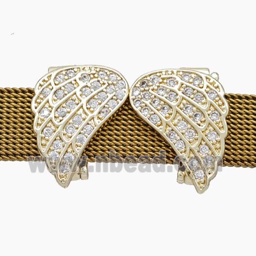 Copper Watchband Beads Pave Zirconia Angel Wings Flat Hole Gold Plated