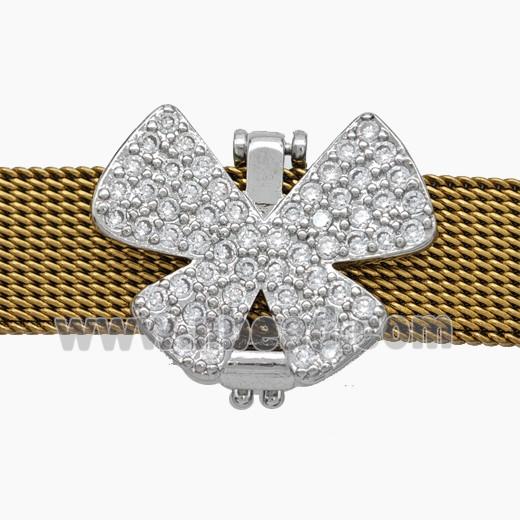 Copper Watchband Beads Pave Zirconia Butterfly Flat Hole Platinum Plated