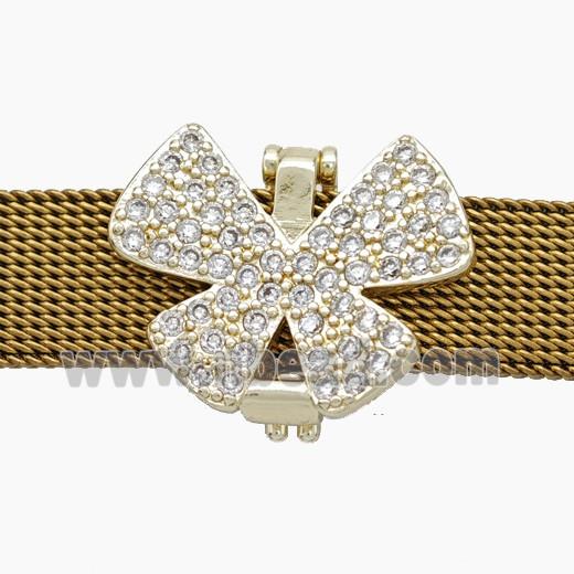 Copper Watchband Beads Pave Zirconia Butterfly Flat Hole Gold Plated