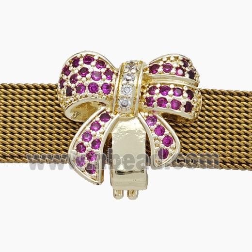 Copper Watchband Beads Pave Zirconia Knotbow Flat Hole Gold Plated