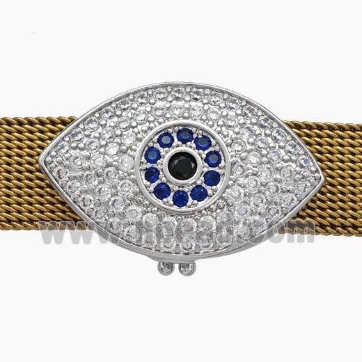 Copper Watchband Beads Pave Zirconia Evil Eye Flat Hole Platinum Plated