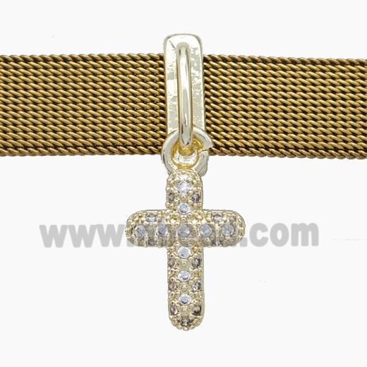 Copper Watchband Beads Pave Zirconia Cross Flat Hole Gold Plated