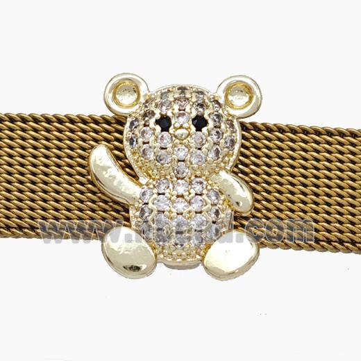 Copper Watchband Beads Pave Zirconia Bear Flat Hole Gold Plated