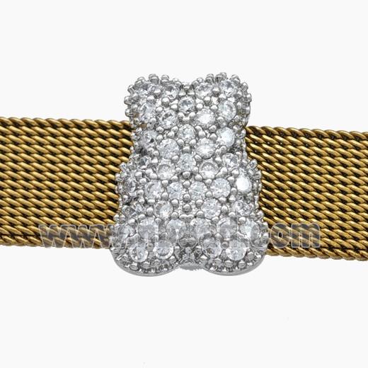 Copper Watchband Beads Pave Zirconia Bear Flat Hole Platinum Plated