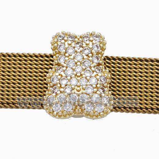 Copper Watchband Beads Pave Zirconia Bear Flat Hole Gold Plated