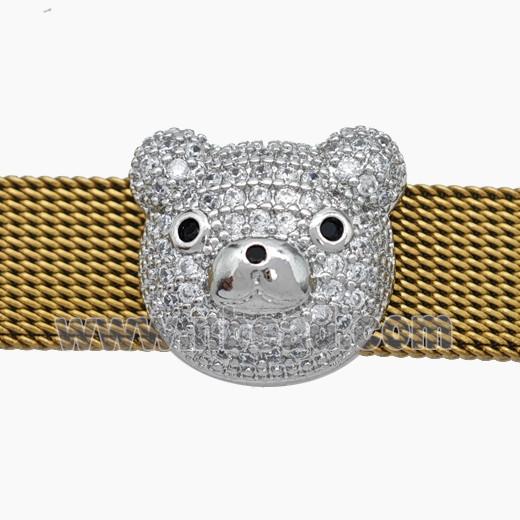 Copper Watchband Beads Pave Zirconia Bear Flat Hole Platinum Plated