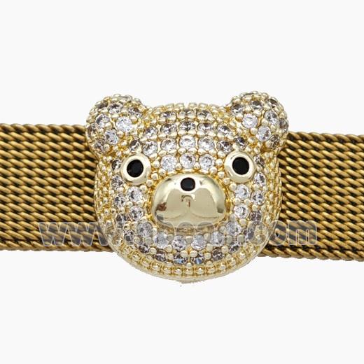 Copper Watchband Beads Pave Zirconia Bear Flat Hole Gold Plated