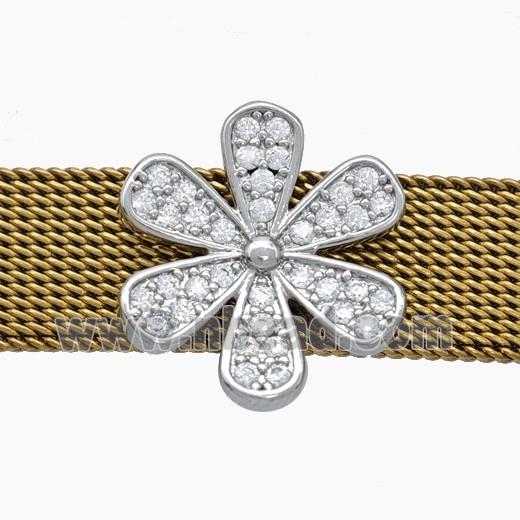 Copper Watchband Beads Pave Zirconia Daisy Flower Flat Hole Platinum Plated