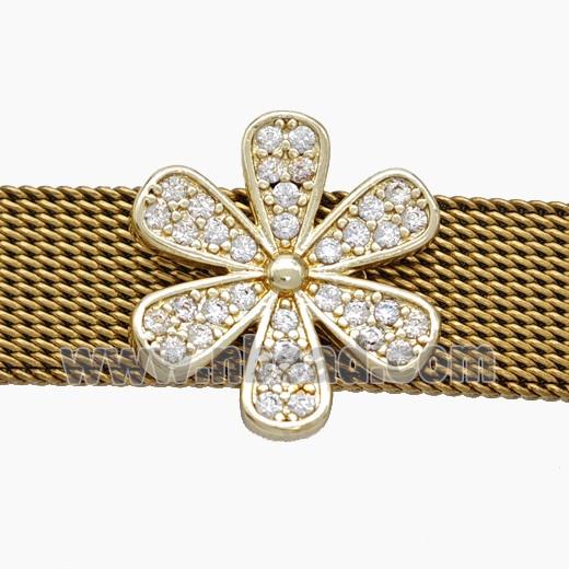 Copper Watchband Beads Pave Zirconia Daisy Flower Flat Hole Gold Plated