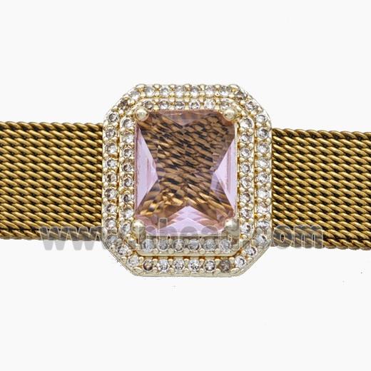 Copper Watchband Beads Pave Zirconia Crystal Glass Rectangle Flat Hole Gold Plated