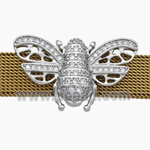 Copper Watchband Beads Pave Zirconia Honeybee Flat Hole Platinum Plated