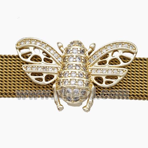 Copper Watchband Beads Pave Zirconia Honeybee Flat Hole Gold Plated