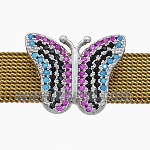 Copper Watchband Beads Pave Zirconia Butterfly Flat Hole Platinum Plated