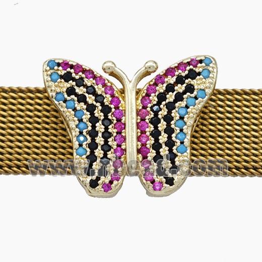 Copper Watchband Beads Pave Zirconia Butterfly Flat Hole Gold Plated