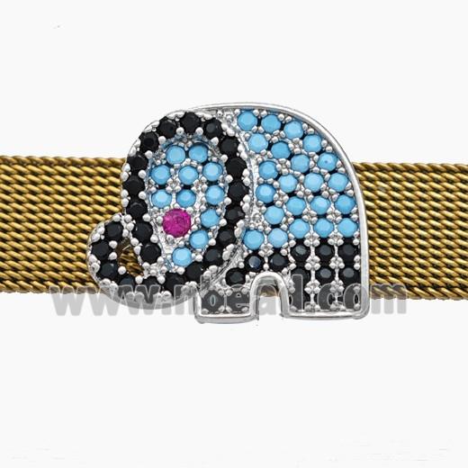 Copper Watchband Beads Pave Zirconia Elephant Flat Hole Platinum Plated