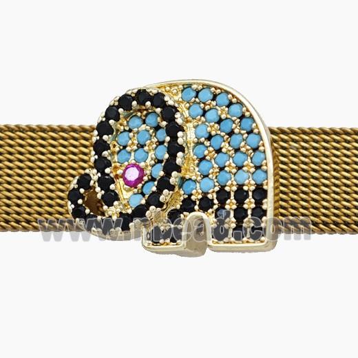 Copper Watchband Beads Pave Zirconia Elephant Flat Hole Gold Plated