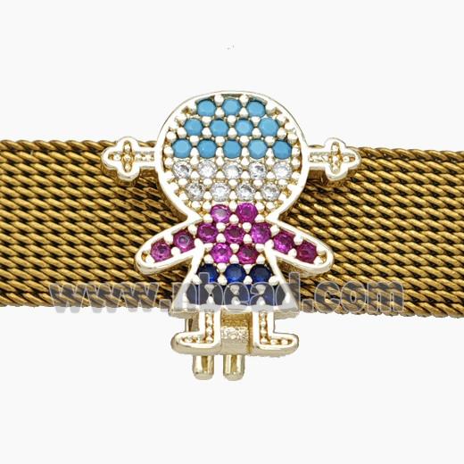 Copper Watchband Beads Pave Zirconia Kids Girl Flat Hole Gold Plated