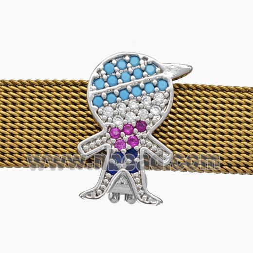 Copper Watchband Beads Pave Zirconia Kids Boy Flat Hole Platinum Plated